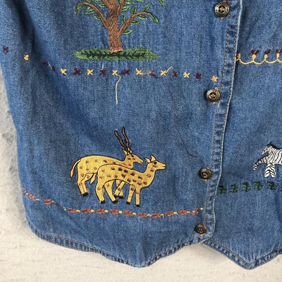 Vintage Way To Go Denim Vest Womens Large Noahs Ark Embroidered Animals 90s Rare - Picture 10 of 15